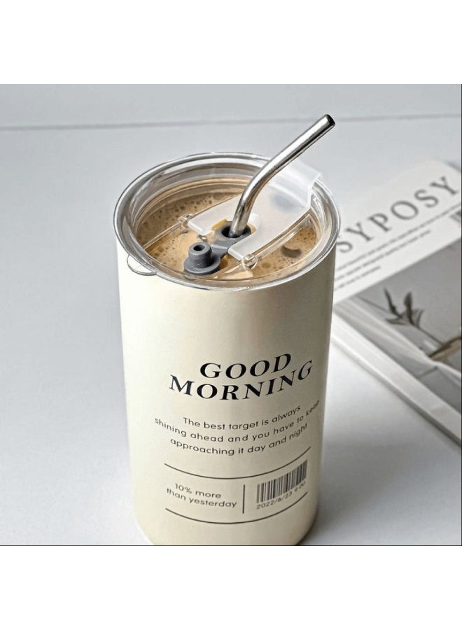 كوب قهوة محمول مزدوج الطبقات من الفولاذ المقاوم للصدأ معزول بالفراغ - 600 مل مع ماصة وغطاء بجدار مزدوج معزول للسفر والتخييم للمشروبات الباردة والساخنة -بيج - Image 3